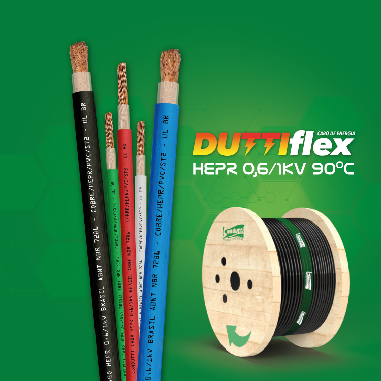 Cabo DUTTIFLEX 0,6/1kV HEPR PVC ST2 90 grais certificado UL-BR conforme os resisitor normativos da NBR 7286